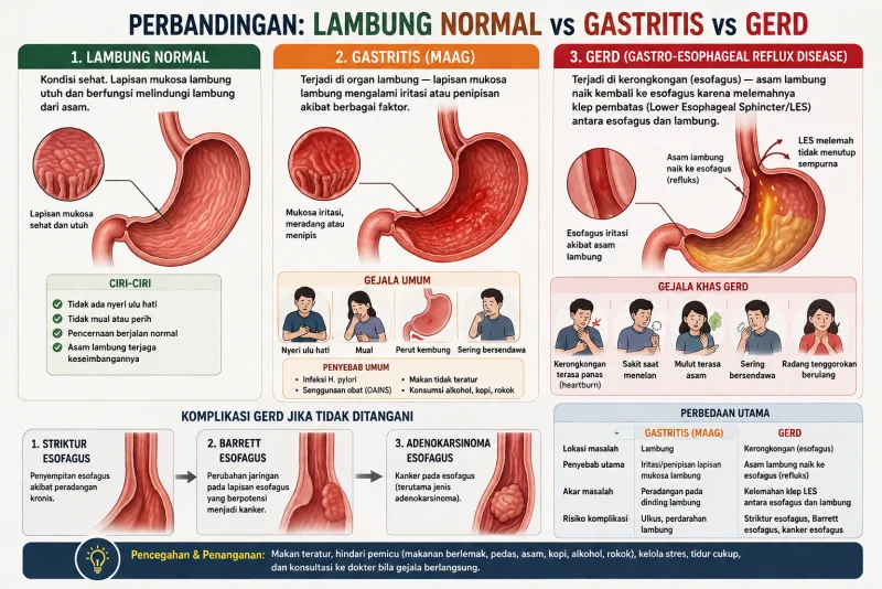 Perbandingan lambung normal, gastritis, dan GERD