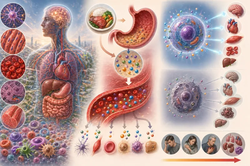 Ilustrasi sel tubuh dan sistem kesehatan yang dipulihkan melalui nutrisi fungsional